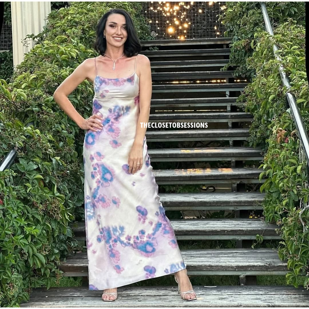 ZARA Watercolor Floral Maxi Dress NWT Cowl Neck Open Back Wedding Guest M L - Picture 14 of 16